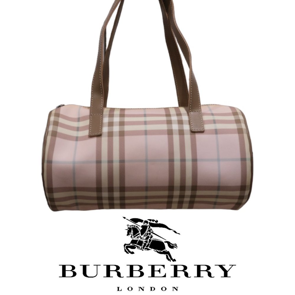 Burberry Pink Plaid Barrel Shoulder Bag with Brown Straps